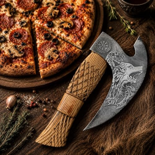 SHOHASS Custome Made Pizza Cutter Axe Viking Pizza Axe Handmade Pizza Slicer Beautiful Handle with Premium Leather Cover