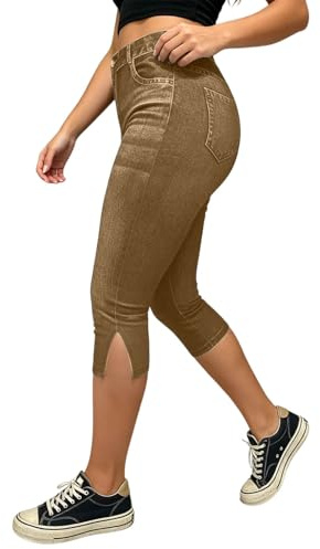 YOSUWOAI Pantalones capri Leggings Mujer Jeggings Bauchweg Jeans Print Hose Treggings Fitness shose Jeansoptik Tights Damenleggings Stretch Skinny Legging Figurbetonte Stretchhose Capri 46085, café