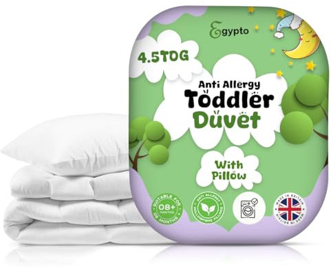 EGYPTO 4.5 Tog Anti-Allergy Cot Duvet & Pillow Set - Soft & Lightweight Toddler Bed Set - Machine Washable - Cot Bed Set for Children, Toddlers (120cm x 150cm, 4.5 TOG)