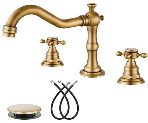 gotonovo 3 Hole Widespread Bathroom Sink Faucet Double Cross Handle Mixer Tap Faucet for Bathroom Sink Vanity Faucet Deck Mount Basin Hot Cold Water Matching Pop Up Drain Antique Brass
