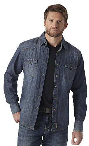 Wrangler Men's Retro Two Pocket Long Sleeve Snap Shirt, Denim Blue, XL