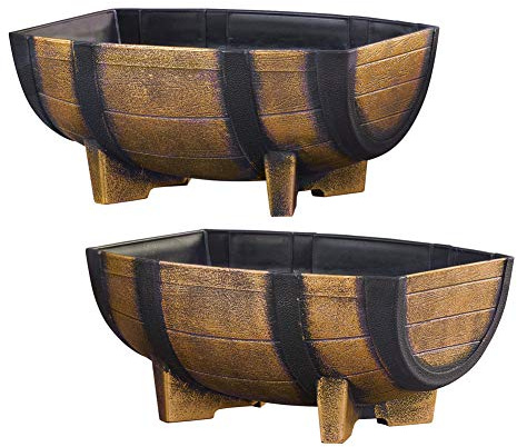 Collections Etc Rustic Half Barrel Planters - Set of 2, Weather Resistant Decorative Accent with Removable Drain Screen