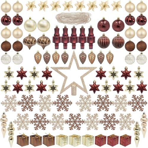 101 Stück Christbaumschmuck Wein rot Champagner braun weihnachtskugeln groß volles Set inklusive Topper Schneeflocken Perlen Lametta Geschenkboxen Tannenzapfen (Burgundy Brown Champagne)