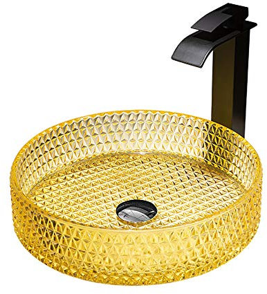 Shower Set Jaune Lavabo Vasque en Verre, Lavabo Lave-Mains Cylindre Vasque à Poser Monter Salle de Bain Lavabo Vasque avec Drain, Robinet Noir Cascade, 400mm * 400mm* 105mm