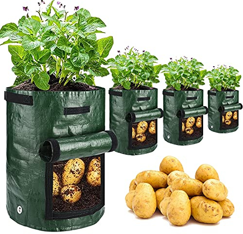 JJGoo 4 Pack 10 Gallon Garden Potato Grow Bags with Flap and Handles Aeration Fabric Planter Pots, Heavy Duty Potato Planters Garden Planting Bags for Onion, Fruits, Tomato, Carrot (Green)