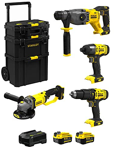 STANLEY FatMax Kit SVK401 (Tassellatore SFMCH900 + Smerigliatrice SFMCG400 + Trapano a Percussione SFMCD711 + Avvitatore a Impulsi SFMCF800 + 2 Batterie 4,0 Ah + Caricabatteria + Caddy 3in1)