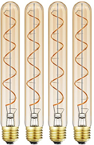 Leools Vintage LED Spiral Filament Bulb T10, 8.9inch Long Tubular Dimmable Edison Light Bulbs,E26 Base,Amber Glass,Warm White,2200K, 400LM(40W Equivalent), Pack of 4