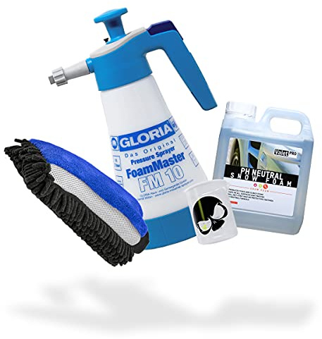 detailmate Auto Vorwäsche Set: ValetPRO pH-neutral Snow Foam 1 Liter + Gloria Foam Master FM10 Schaumsprüher 1 Liter + 3in1 Chenille Waschhandschuh + Griffin Messbecher 150 ml skaliert