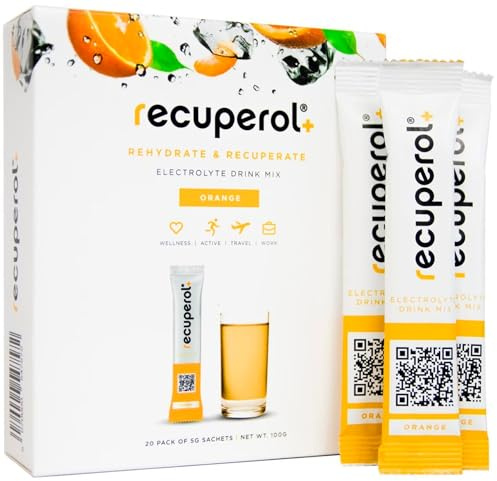 Recuperol Electrolytes Sachets - Rehydration Electrolytes Powder with Zinc, Vitamin C, B12, D3 & Potassium for Hydration - Sugar Free, Vegan & Low Calorie - Orange 20 Pack