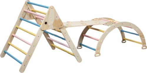 Buxibo XXL Klettergerüst - Klappbares Dreieck + Kletterbogen + Rutsche - Montessori Holzspielplatz - Pastell - 210x83x81cm