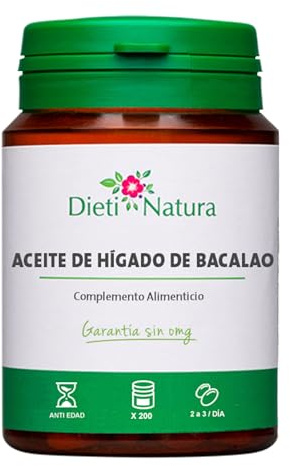 Dieti Natura Aceite de Hígado de Bacalao - 200 Cápsulas de Hígado de Bacalao con Omega 3, Vitamina A y D3 - Aceite de Pescado Con EPA & DHA – Cápsulas con Propiedades Antioxidantes – Sin OMG