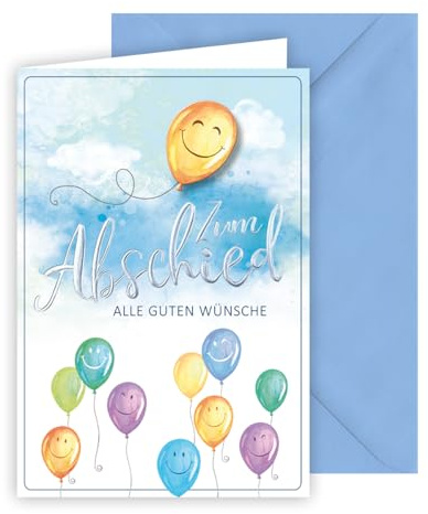KE - Abschiedskarte mit Ballonmotiv, inkl. Umschlag, DIN B6 Format, Lebewohl-Grußkarte, blau, für Kollegen, Freunde, bei Umzug, Reise, Pensionierung
