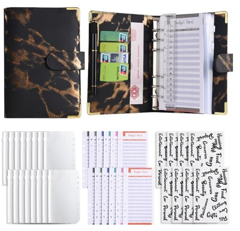 Liemuao A6 Budget Planner Deutsch,Budgetplaner Geldumschläge,Sparen mit Umschlagmethode,Sparbuch mit Folien,Ringbuch Finanzplaner, Geld Organizer mit Budgetbogen,Etiketten (Schwarz)