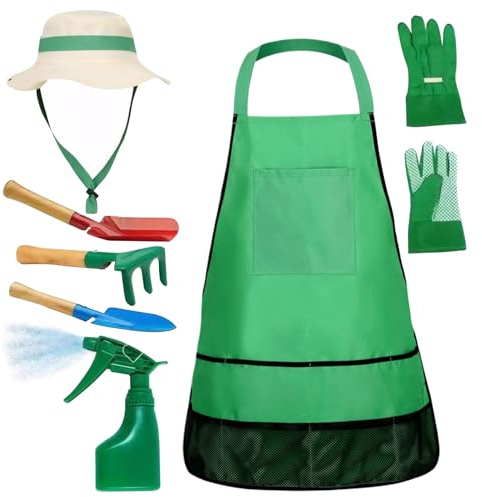 Ensemble de jardinage pour enfants, outils de jardinage pour enfants avec tablier, pulvérisateur, gants, chapeau, râteau et pelle, ensemble de jardinage pour les enfants, outils de jardin pour enfant