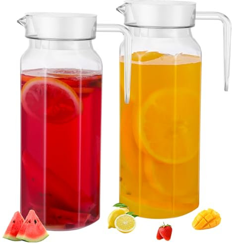 2 Pack Acrylic Pitcher with Lid, 1.1 Litre Clear Water Pitchers with Handle, Unbreakable Beverage Pitcher Juice Container Fridge Door Jug for Milk Juice Iced Tea Lemonade