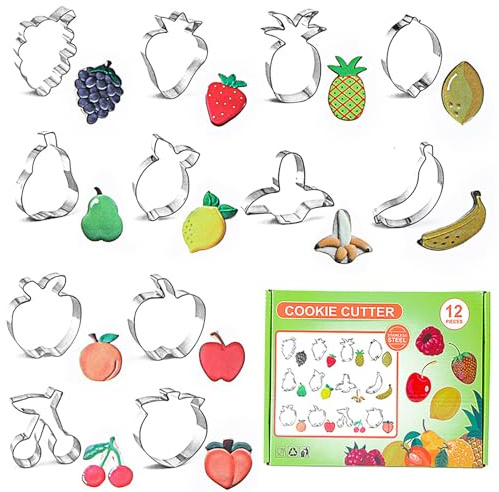 Elegauit Moldes de Acero Inoxidable Para Galletas, Paquete de 12, Cortadores Galletas Frutas, Para Pastel, Cookie, Fondant, Cortadores de Galletas de Navidad, Plateado
