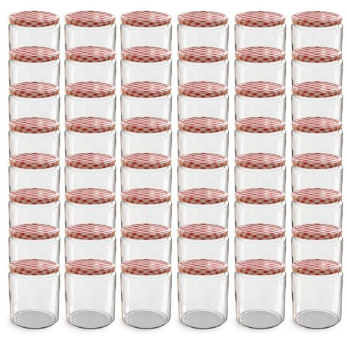 Opuec Lot de 48 bocaux 405 ml couvercle à visser TO 82 rouge carreaux - Parfait pour confitures, confitures et plus, grands bocaux couvercle, idéal pots
