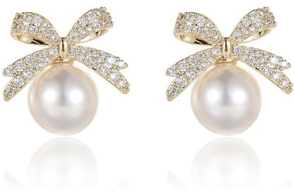 GAUEIOUR Pearl Bow Earrings,Silver Needle Imitation Pearl Earrings,Rhinestone Cute Alloy Ribbons Drop Earrings,Light Luxury Exquisite Niche Jewelry