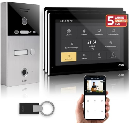 GVS Video Türsprechanlage mit Türöffner, Fingerprint, RFID, 3X 10 Monitore | Smarte Video Türklingel mit Kamera und Monitor & App - Gegensprechanlage für 1 Familienhaus (AVS5530A)