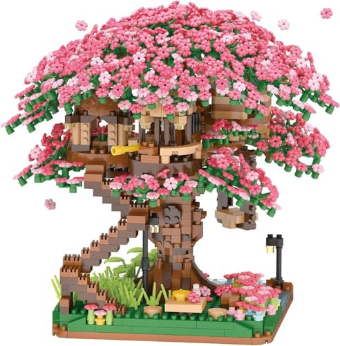 JEMPET Juego de construcción de casa de árbol de cerezo con flores de cerezo, mini bloques de construcción para adultos