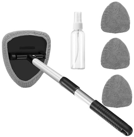 Car Windscreen Cleaner Car Window Cleaner with Extendable Long Handle and 4 Washable Reusable Microfiber Pads, Windshield Cleaning Tool, Auto Interior Exterior Glass Wiper Kit Office Home (Grey)