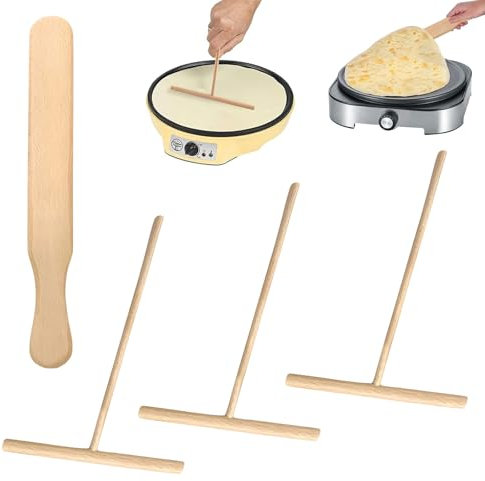 4 Stück Crepes Verteiler,Crepe Vertiler Set,T-förmig Crepes Wender,Leicht zu Reinigen Crepe Wender,Aus Buchenholz,Crepe Schieber Backwerkzeuge,Geeignet für Pfannkuchenpfannen