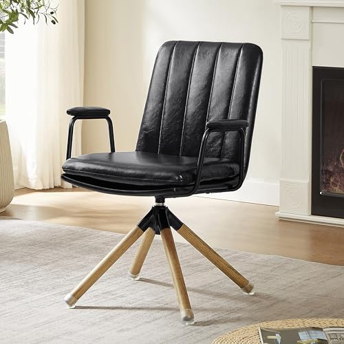 Zouron Kunstleder Schreibtischstuhl Schwarz - Mid Century Moderner Drehstuhl ohne Rollen, Kunstleder gepolsterter Bürostuhl mit Eicheholzbeinen, Akzentsessel für Home Office Wohnzimmer
