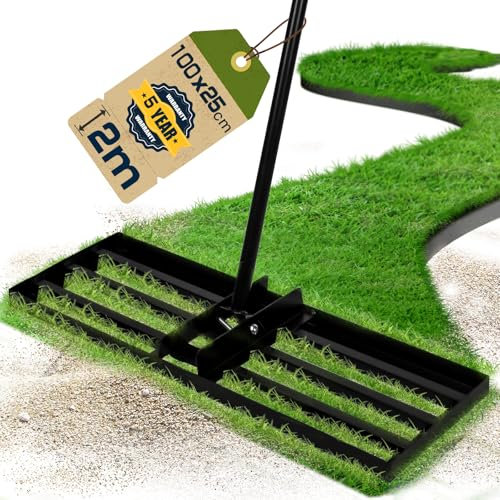 Warmfay Rasenrechen, 100x25 cm Rasenrechen inkl. 2 Meter Verstellbarem Metallstiel, Müheloses Rasennivellierwerkzeug, Schwarz Rasen Rakel für Garten, Golfplatz, Rasen Sanden, Rasenpflege