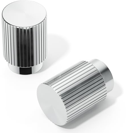FURNIWARE 10 Pack Chrome Cabinet Knobs, Vertical Lines Design, Silver 20mm Round Head, Vintage Aluminium Pull Handles, Retro Door Knob for Kitchen Cupboard, Dresser, Wardrobe