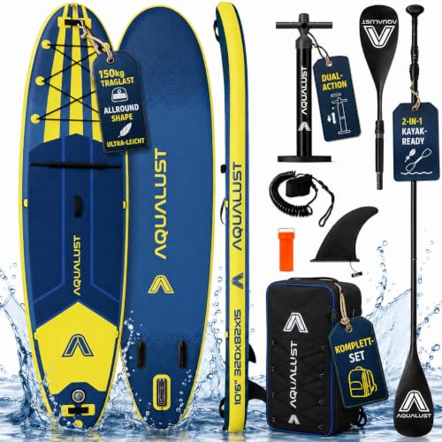 Aqualust SUP Board Set Paddel aufblasbar Standup Paddle Stand Up Paddling | 320×82×15cm, 150 kg Traglast, Blau, Boardset mit Pumpe, Finne, Leash und Rucksack