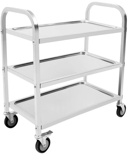 MIIWWOWO Chariot de service plat à 3 étages en acier inoxydable - Chariot de rangement - Chariot de cuisine avec roulettes - Pour restaurants, bibliothèques, cuisines, salons (75 × 40 × 83,5 cm)