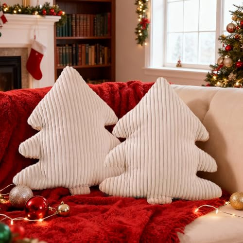 Lanpn 2 Stück Weihnachtsbaum Kissen Weihnachtskissen, Schmale Streifen Weihnachts Kissen Dekokissen Flauschiges Zierkissen für Party Bett Sofa Couch Innenbereich Weihnachtsdeko (Beige, 45,5x41cm)