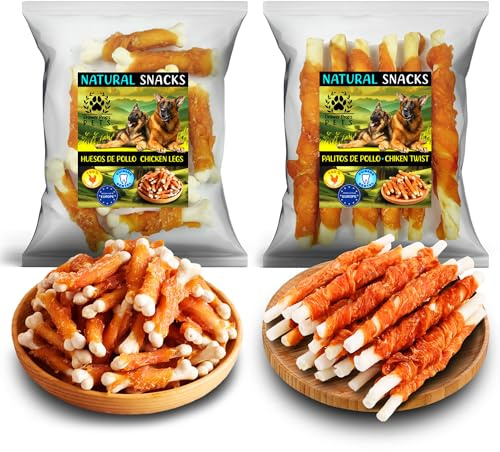 Pack Découverte 2 Saveurs pour Chiens – 2 x 100 g Snacks Naturels (Os avec Calcium et Bâtonnets de Volaille) – Sans Céréales – Friandise Dentaire pour Chiens Moyens et Grands