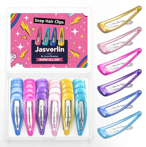 JASVERLIN Pinzas Cabello Snap, Barrettas Metal Lindas Y2K 48 Piezas | 5 cm Pinzas Coloridas Antideslizantes, Accesorios Estilo Kawaii Arcoíris, Mujeres Niñas, Fino Corto, Vibra Neón Pop