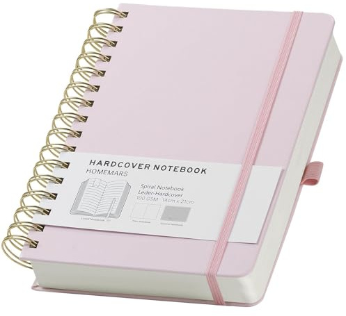 Notizbuch A5, Ringbuch A5, Liniert, Journal,Notizblock, Notizbuch Spiralbindung,HOMEMARS Notebook, 240 Pages, 100 g/m²,14.8 cm x 21 cm,Rosa,Lederhülle, Notizblock für Frauen Männer Arbeit Büro