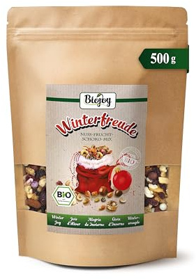 Biojoy Mélange BIO Winterfreude de noix et fruits, 500 g | Mix noix-fruits-chocolat avec raisins, noix de cajou, amandes et baies lyophilisées en trois chocolats