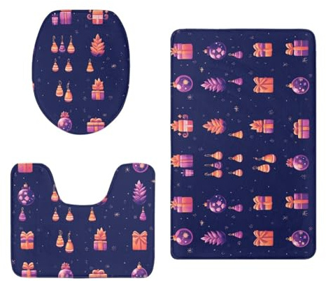 badezimmerteppich Set Orange Lila Weihnachten Badezimmermatte WC Teppich Dekoration Schnell Trocknend Badgarnitur 3 Teilig Stand WC Deckelbezug Badvorleger rutschfest Waschbar 50x80 cm