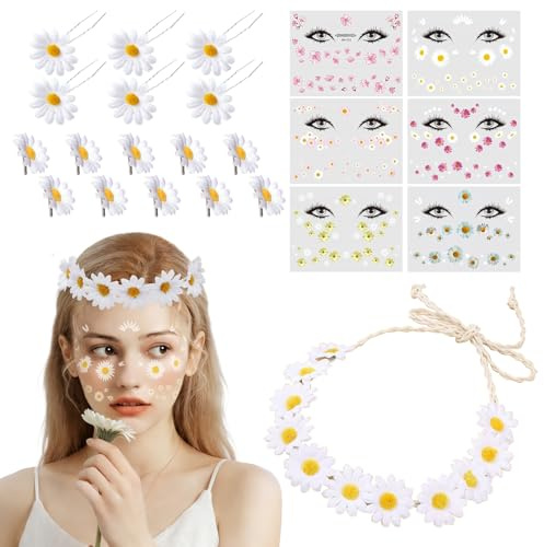 exatta Blumen Haarband, Gänseblümchen Haarband Damen, mit 6 Blatt Gänseblümchen Gesichtstattoos, 10 Gänseblümchen Haarspangen, 6 Haarnadeln Blumen, für Karneval Copslay Party, Hochzeit