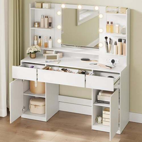 VASAGLE KAILYN Collection - Dressing Table with LED Mirror, Vanity Desk with Power Outlets, 2 Cabinets, 9 Dimmable Bulbs, 3 Light Colours, Toolless Slide Rail Assembly, Cloud White RDT142WB03