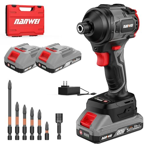 NANWEI Impact Driver, 240N·m, Brushless Motor, 2×2.0ah batttery,1/4'' Hex Shank, Forward Rotation with 4-Speed Setting, Reverse Rotation with Auto-Stop Function (2.0Ah Battery Set)