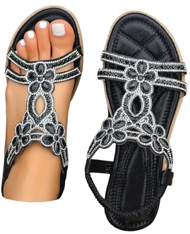 HOOUDO Women's Sandals & Slides Wide Fit Bohemian Wedge Sandal Lightweight Summer Elastic Ankle Strap Beading Walking Shoes Comfortable Open Toe Slingback Orthopedic Sandals
