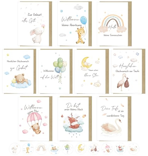 Thboxes 10er Set Karte Geburt mit Umschlag, A6 Klappkarten Aquarell Karte zur Geburt Mädchen Junge Glückwunschkarten Baby Taufkarte Baby Geschenk Taufgeschenke