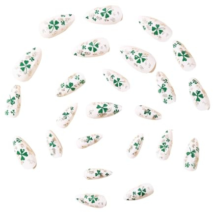 Faux ongles blancs courts avec symbole trèfle - Look élégant pour le travail ou la fête