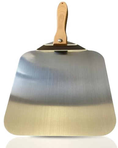 INOXLM Pala per pizza corta in acciaio inox manico pieghevole in faggio 33,5x30,5 cm, Pala pizza leggera e salvaspazio, ideale per forno domestico - Made in Italy