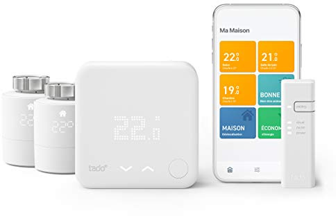 tado° Thermostat Connecté et Intelligent filaire - Kit de Démarrage V3+ et 2 Têtes Thermostatiques Intelligentes pour contrôle multi-pièces, fonctionne avec Alexa, Siri & Assistant Google