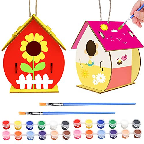 Sunshine smile DIY Holz Vogelhaus Bausatz,2 Stück Vogelhaus Bemalen Kit