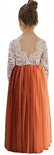2Bunnies Girl Peony Lace Back A-Line Straight Tutu Tulle Party Flower Girl Dress (Burnt Orange Sleeve Maxi, 7-8YRS)