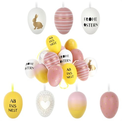 com-four® 16x Ostereier zum Aufhängen - Bunte Ostereier mit Motiv und Schriftzug - Hängedeko für den Osterstrauß (16 Stück - gelb/weiß/pink)