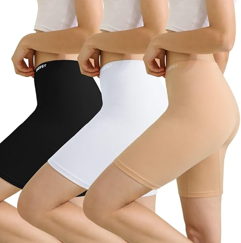 INNERSY Cykelbyxor dam bomull långa underbyxor anti-skav korta byxor under klänning 3-pack, Beige/vit/svart, XS