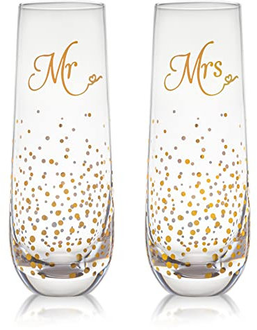 Trinkware Stemless Wedding Champagne Flute - Mr And Mrs Champagne Flutes With Gold Dots - Wedding Gift For Bride And Groom Champagne Glass - Bride Gift - Mr And Mrs Gift Set of 2 By